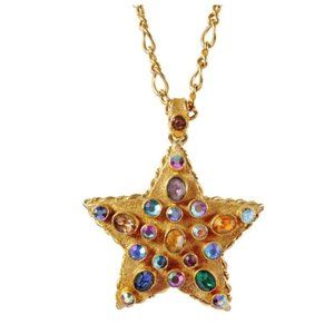 RARE VINTAGE 1960s ART MATTE GOLD STAR & MULTI COLOR CRYSTAL PENDANT NECKLACE